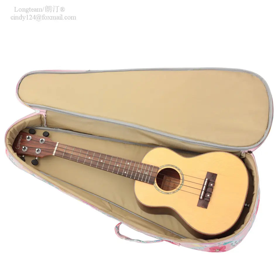 Ukulelebag - rosa bakgrunn med fargerike blomster