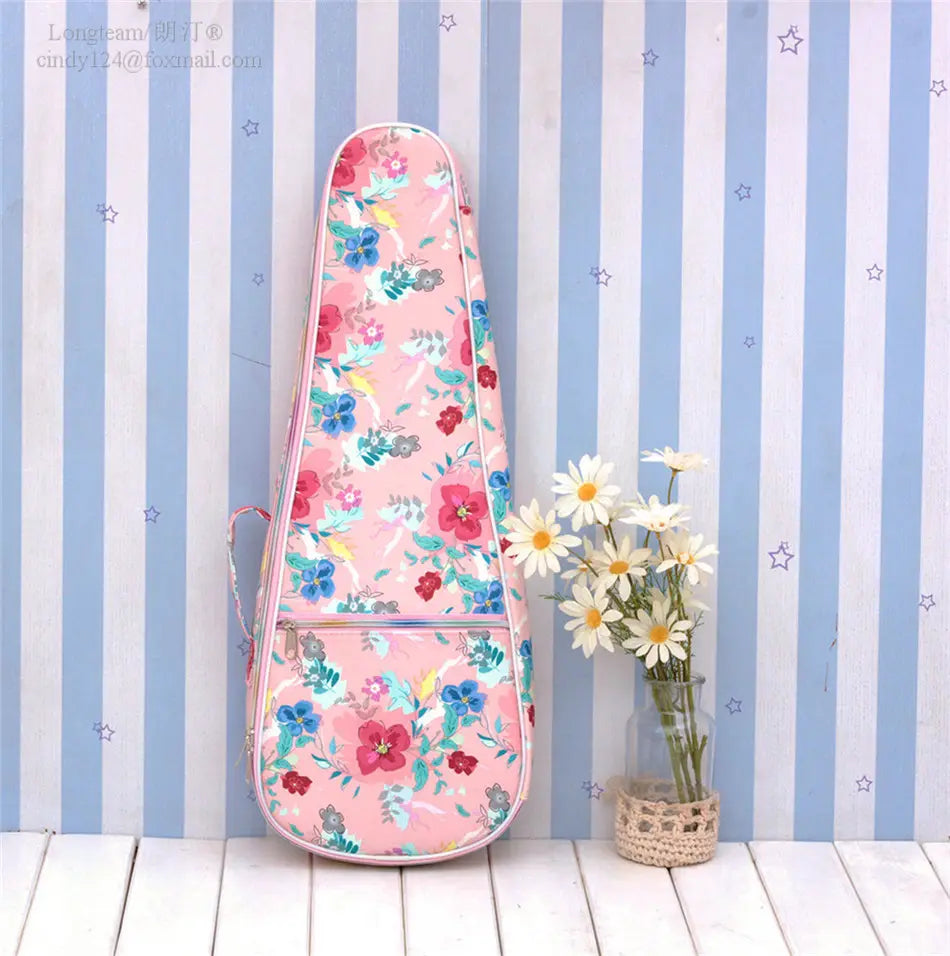 Ukulelebag - rosa bakgrunn med fargerike blomster